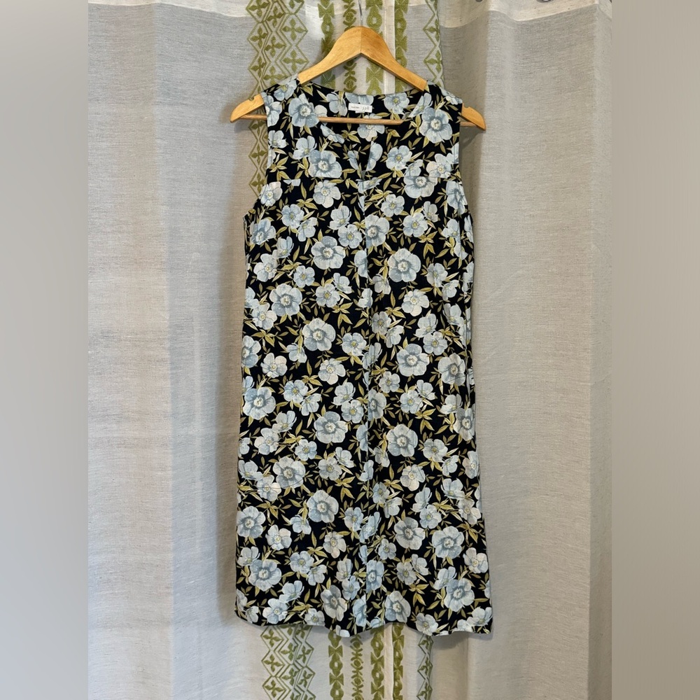 J. Jill Love 100% Linen Floral Sleeveless Midi Dress Boho Beach Tropical Blue M
